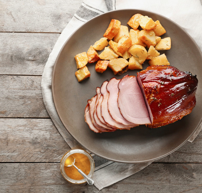 Gammon with Honey-Mustard Glaze and potatoes